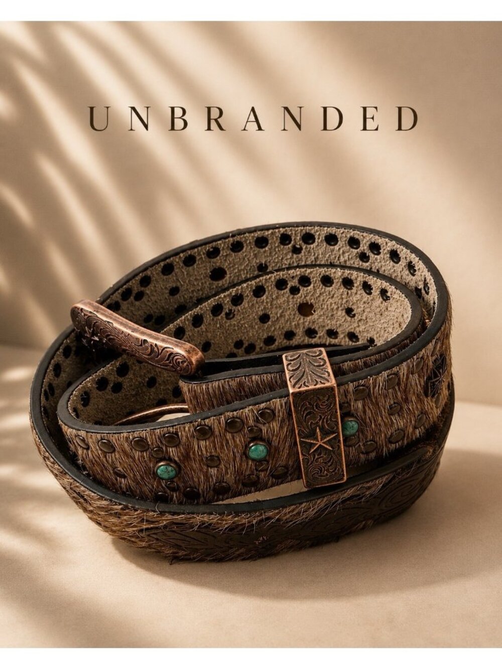 Western Leather Hair On Cowhide Belt Turquoise Stone Copper Buckle Tooled Tip 36